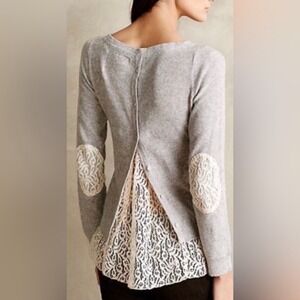 Anthropologie Cashmere Lace Elbow Patch Layering Sweater Top Grey Sz Medium Boho